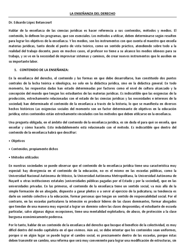Enseñanza Jurídica: Contenido y Métodos | PDF | Maestros | Plan de estudios