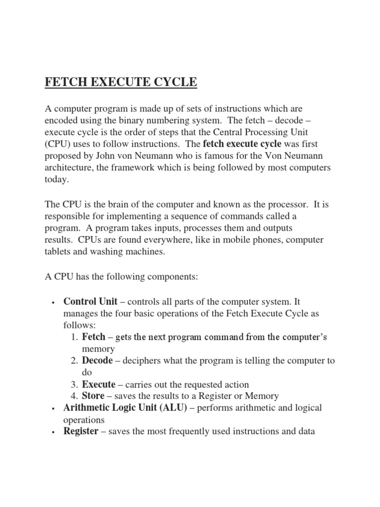 Fetch Execute Cycle Control Unit Controls All Parts of The Computer