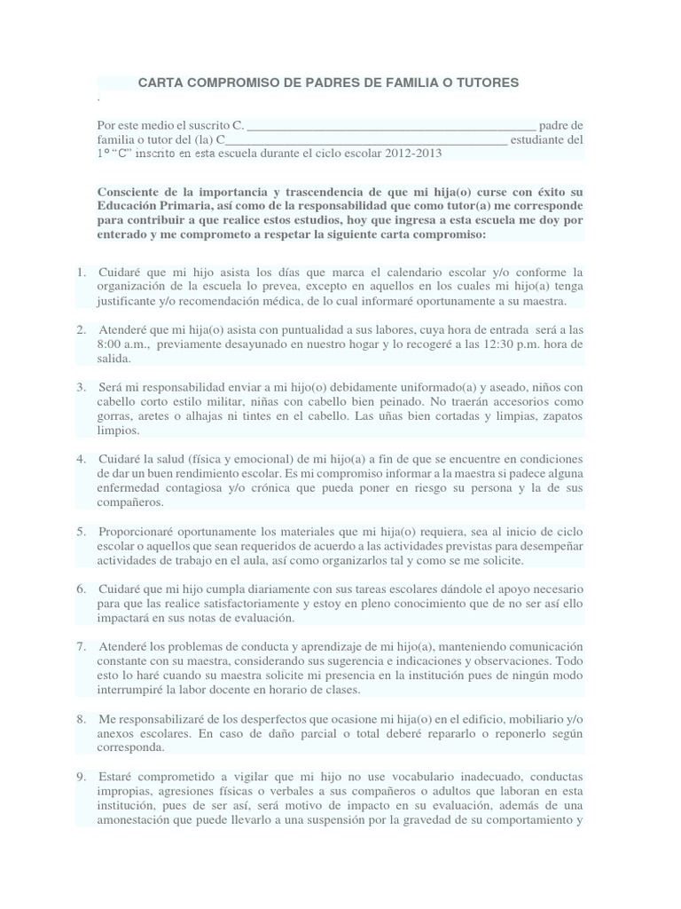 Carta Compromiso para Padres de Familia | PDF | Comportamiento | Maestros
