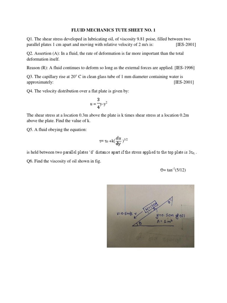 Fluid Mechanics Tutorial Questions | PDF | Viscosity | Shear Stress