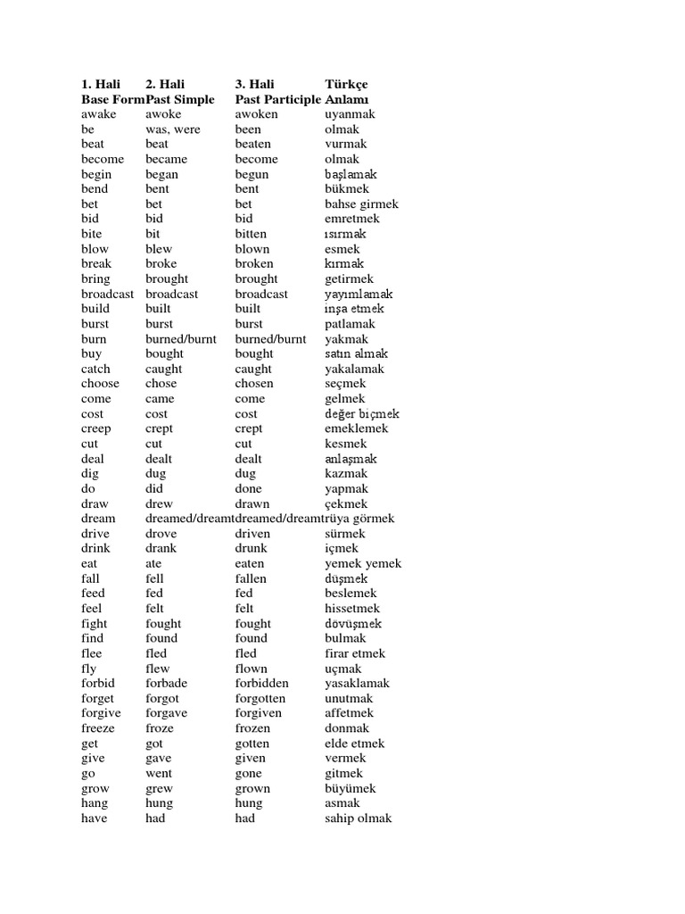 Hali Base Form 2. Hali Past Simple 3. Hali Past Participle Türkçe