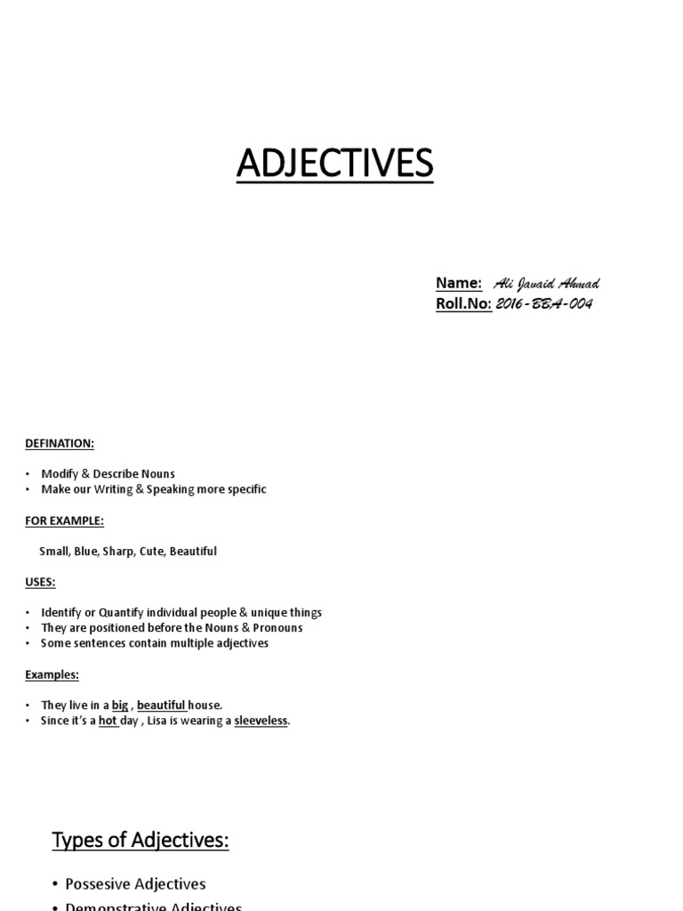 Adjectives Name Ali Javaid Ahmad Roll No 2016BBA004 PDF
