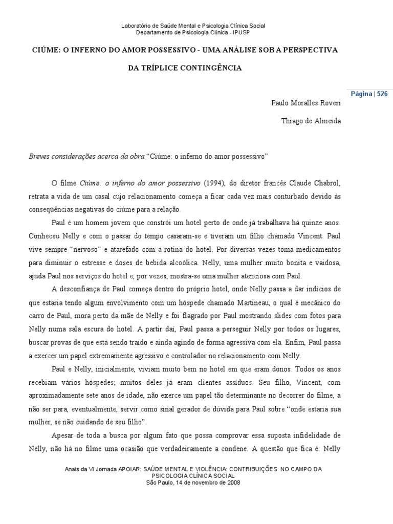 Ciúme o Inferno Do Amor Possessivo - Uma Análise Sob A Perspectiva Da ...