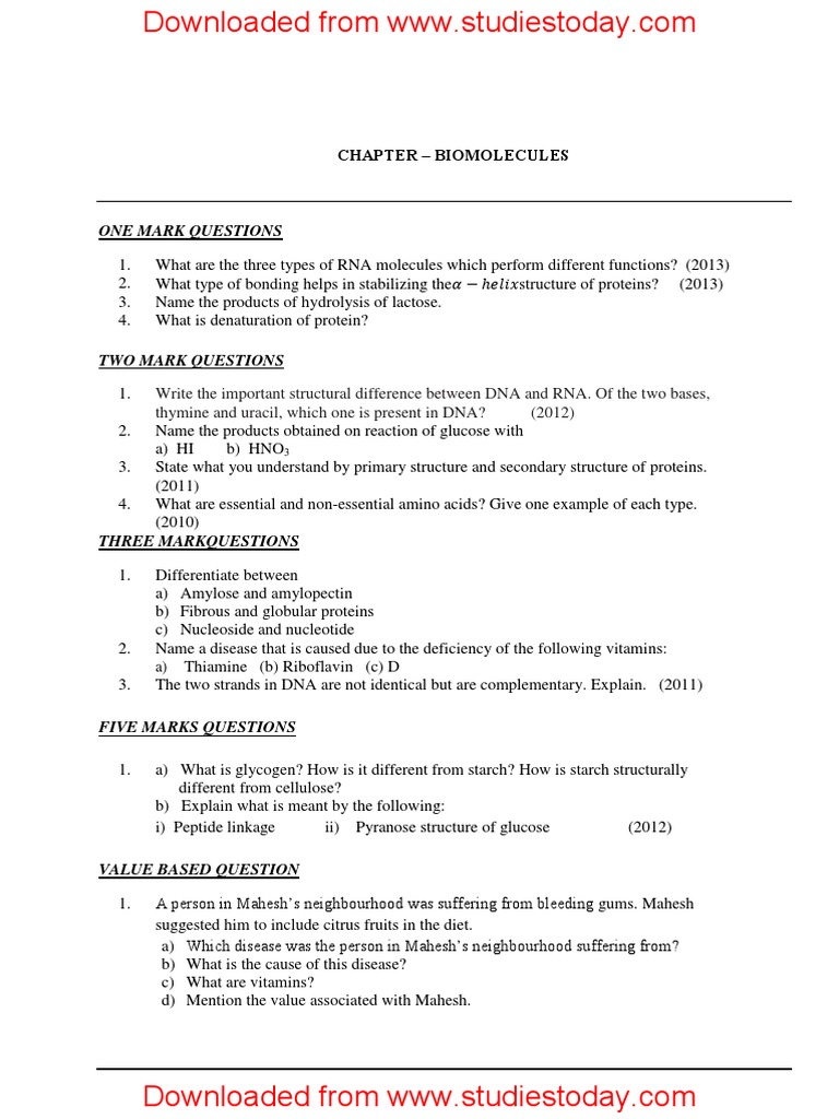 CBSE Class 12 Chemistry Biomolecules - 0 | PDF | Biomolecules