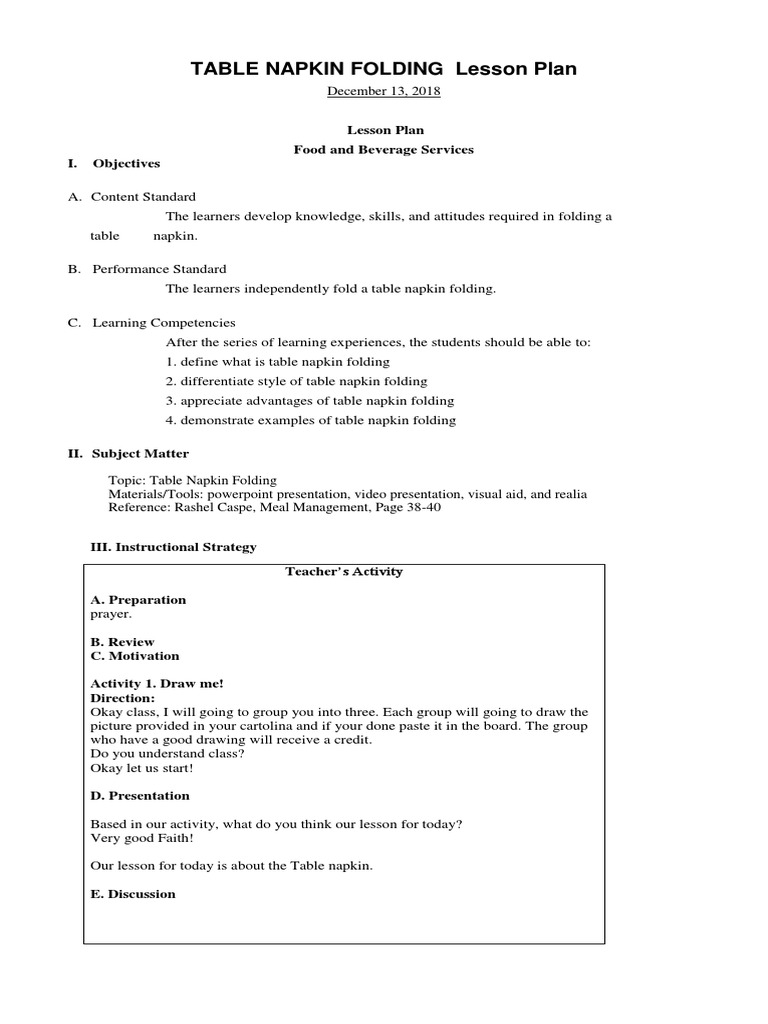 Table Napkin Folding Lesson Plan Lesson Plan Neuropsychological