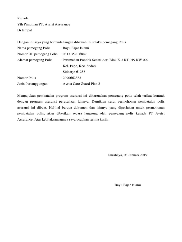 Surat Permohonan Pembatalan Polis Avrist