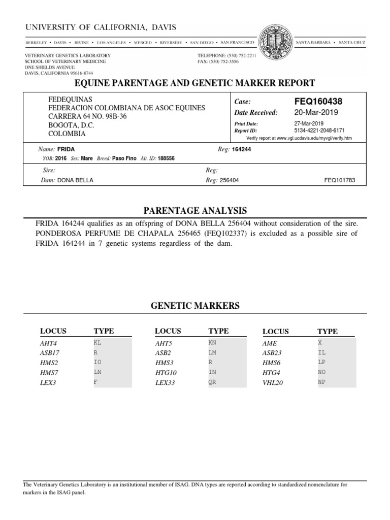 Marker Analysis Reveals Parentage and Excludes a Potential Sire