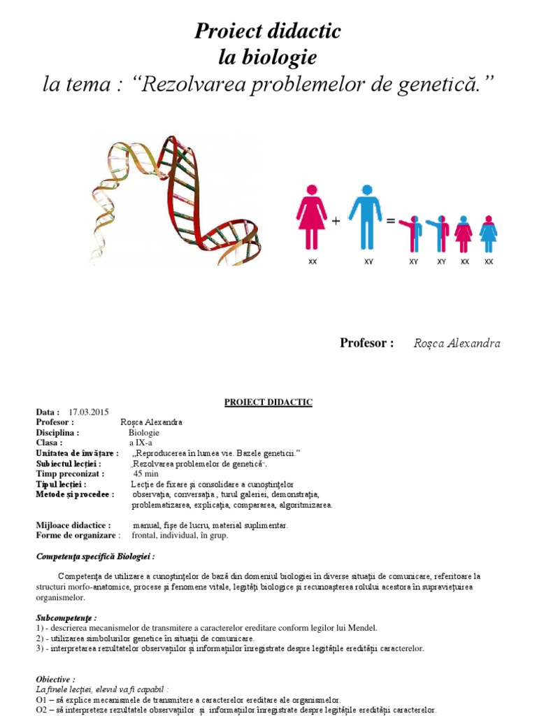 La Tema Rezolvarea Problemelor De Genetică Proiect Didactic