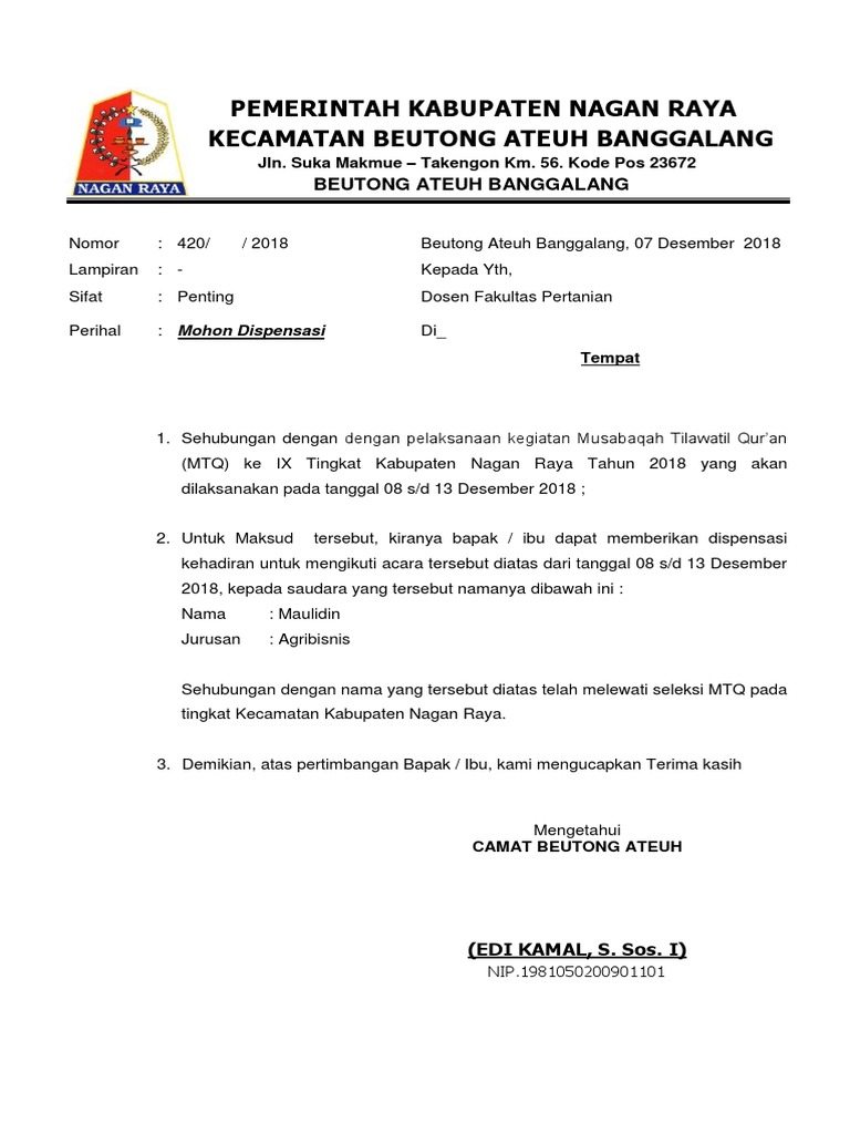 Contoh Surat Dispensasi Mtq AEGISUN