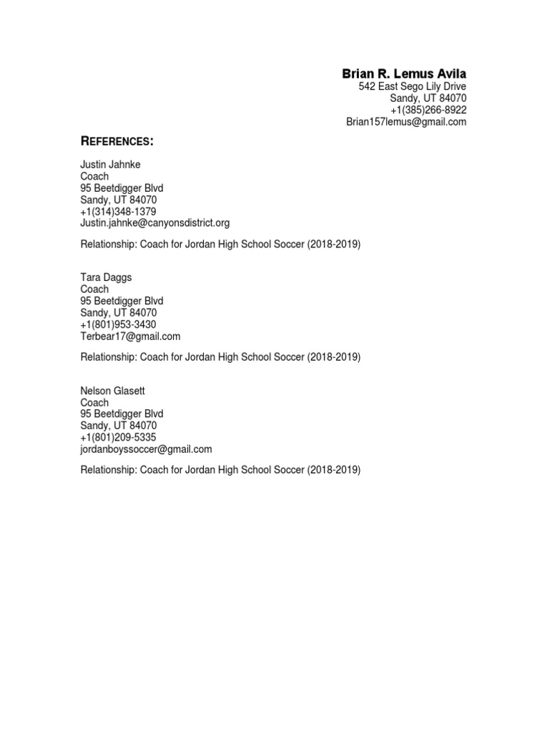 Soccer Coaching References for Brian Avila | PDF
