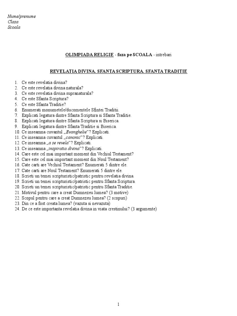 Revelatia Divina. Sf. Scriptura. Sf. Traditie Clasa 7 Intrebari ...
