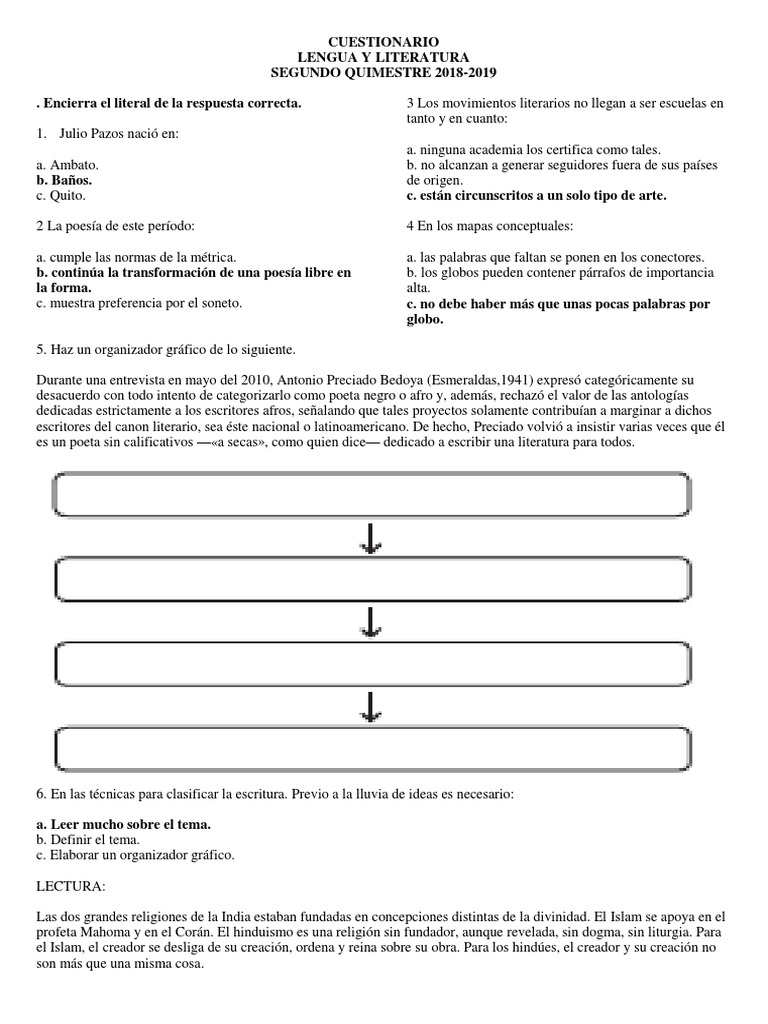 Cuestionario De Lengua Y Literatura Segundo Quimestre 2018 2019