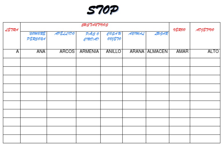 Stop Juego Categorias Gramaticales Pdf