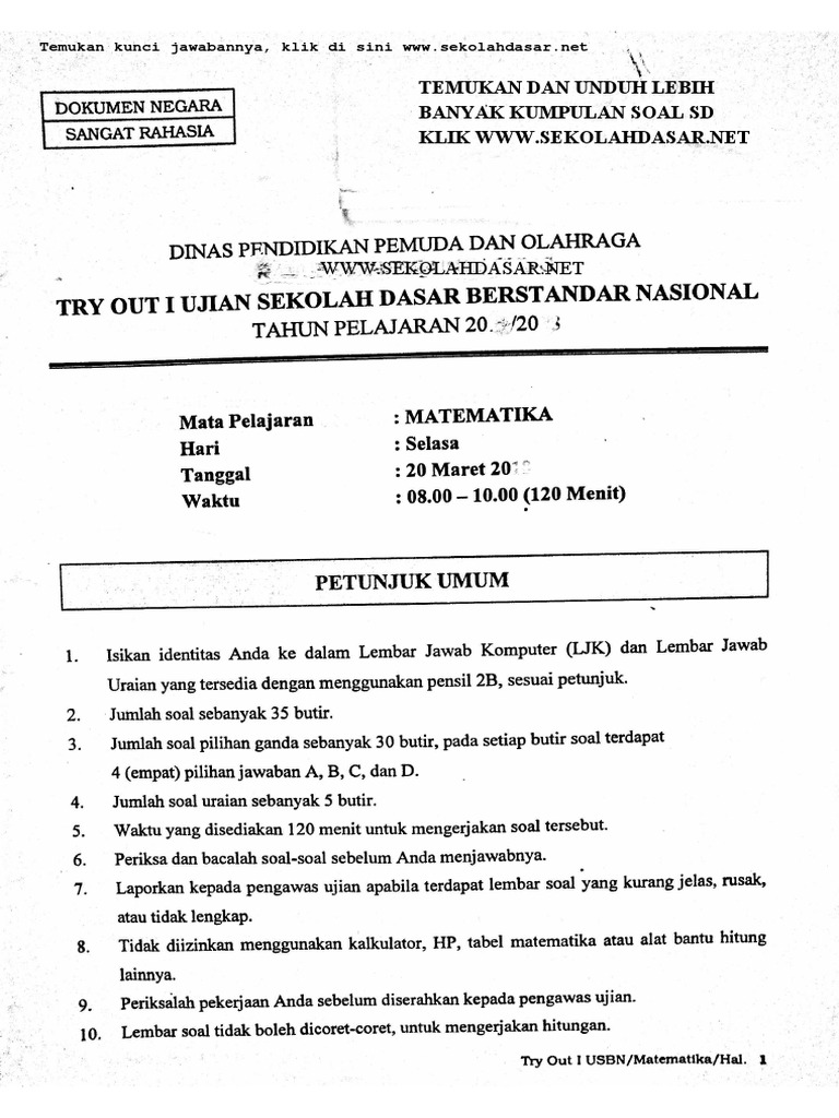 Soal Try Out I Matematika Usbn Sd Sekolahdasar Net Pdf