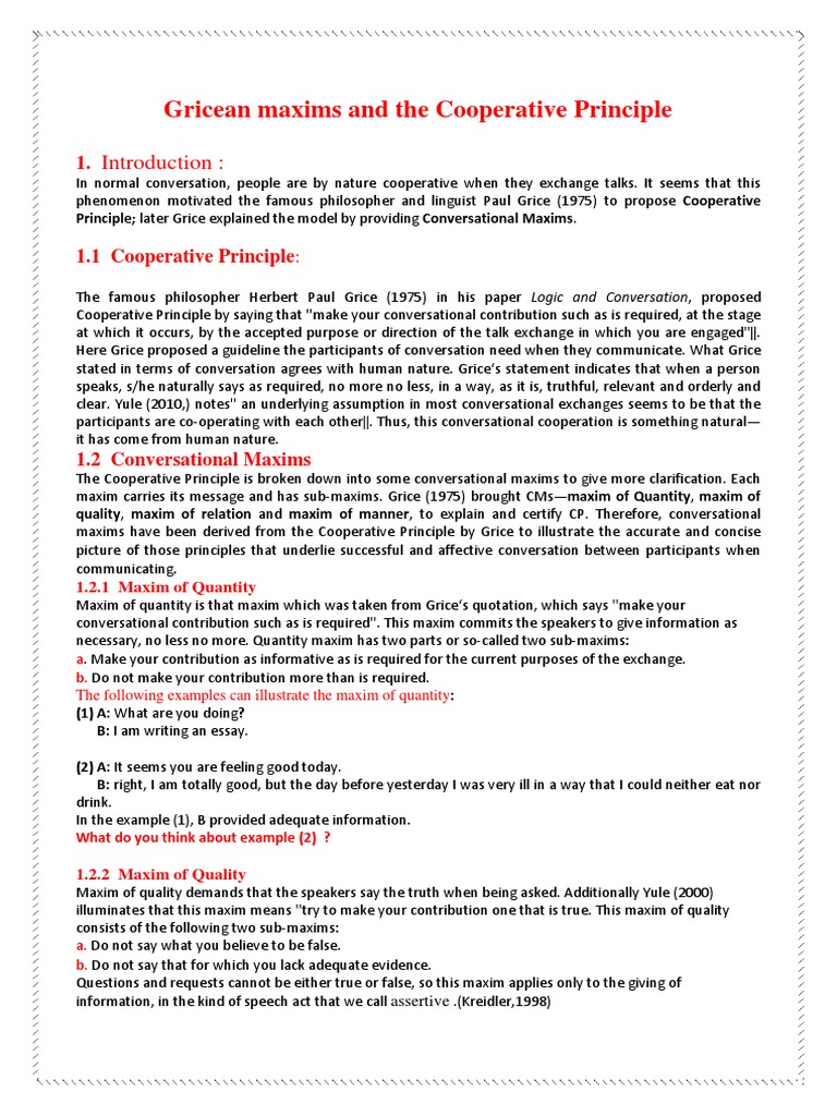 Gricean Maxims and Cooperative Principle | PDF | Philosophical Theories ...