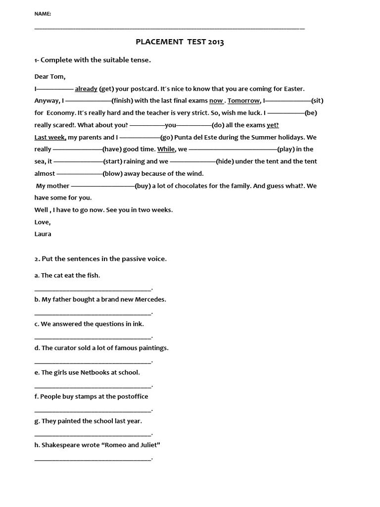 2013 Placement Test: Grammar Exercises | PDF