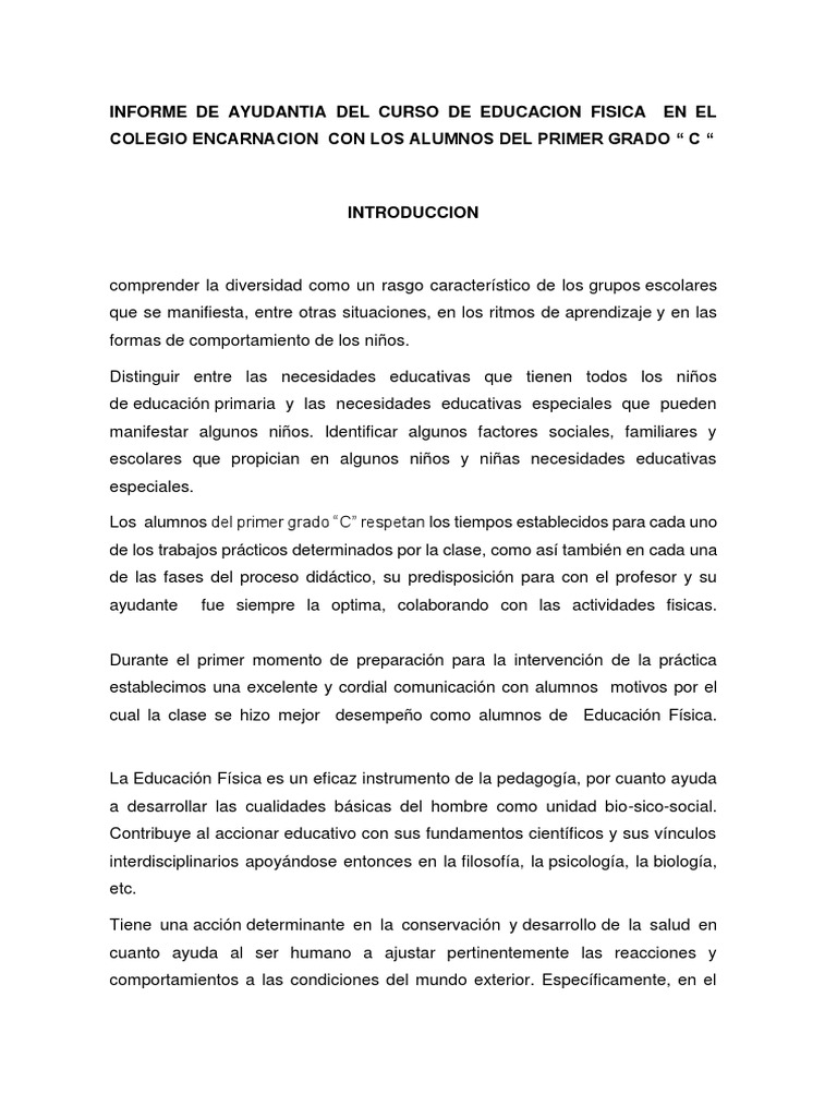 Informe de Ayudantia Del Curso de Educacion Fisica en El Colegio  Encarnacion Con Los Alumnos Del Primer Grado | PDF | Educación Física |  Deportes