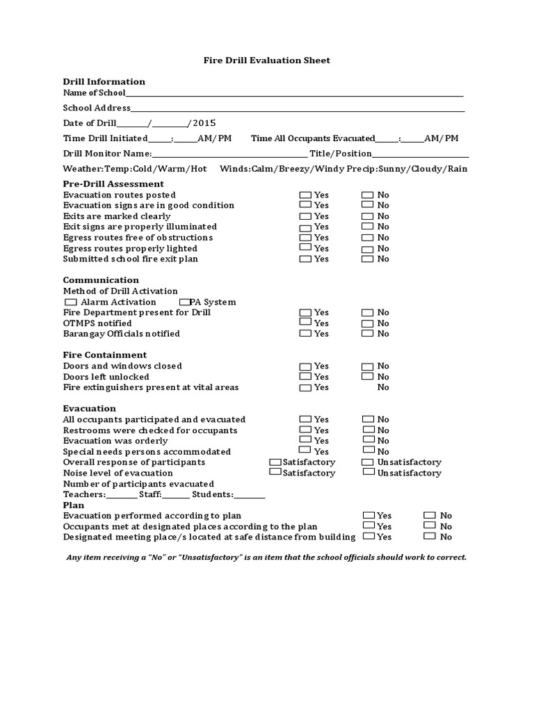 Fire Drill Evaluation Sheet PDF Emergency Evacuation Safety