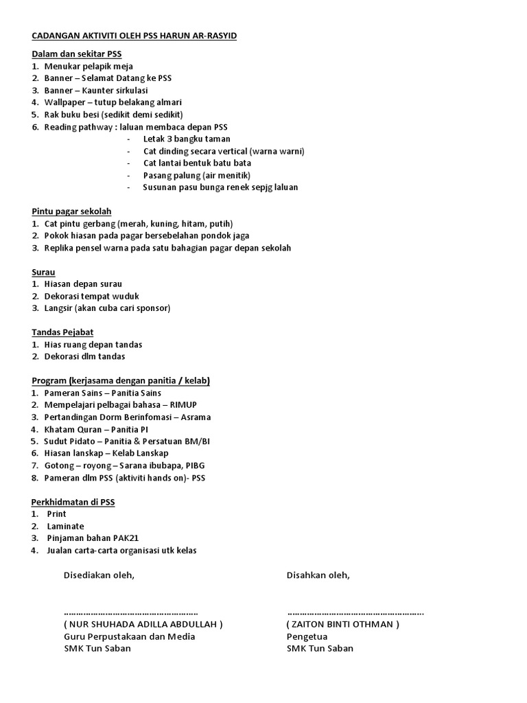 Cadangan Aktiviti Oleh Pss Harun Ar Pdf