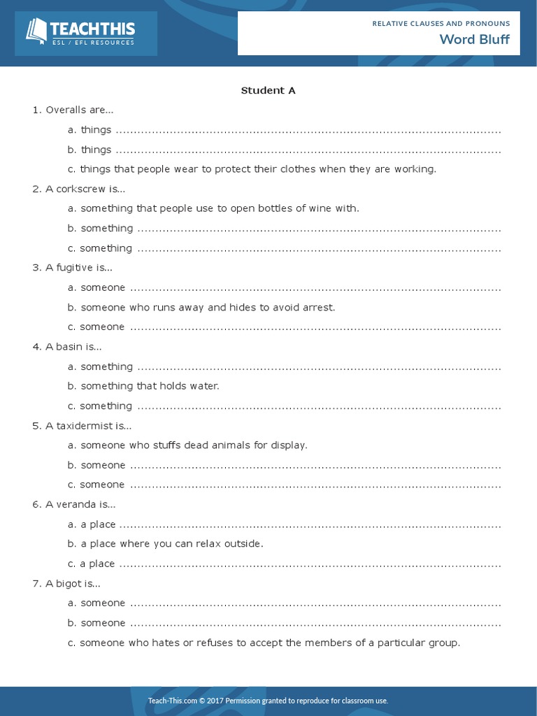 Word Bluff Relative Clauses PDF | PDF | Foreign Language Studies