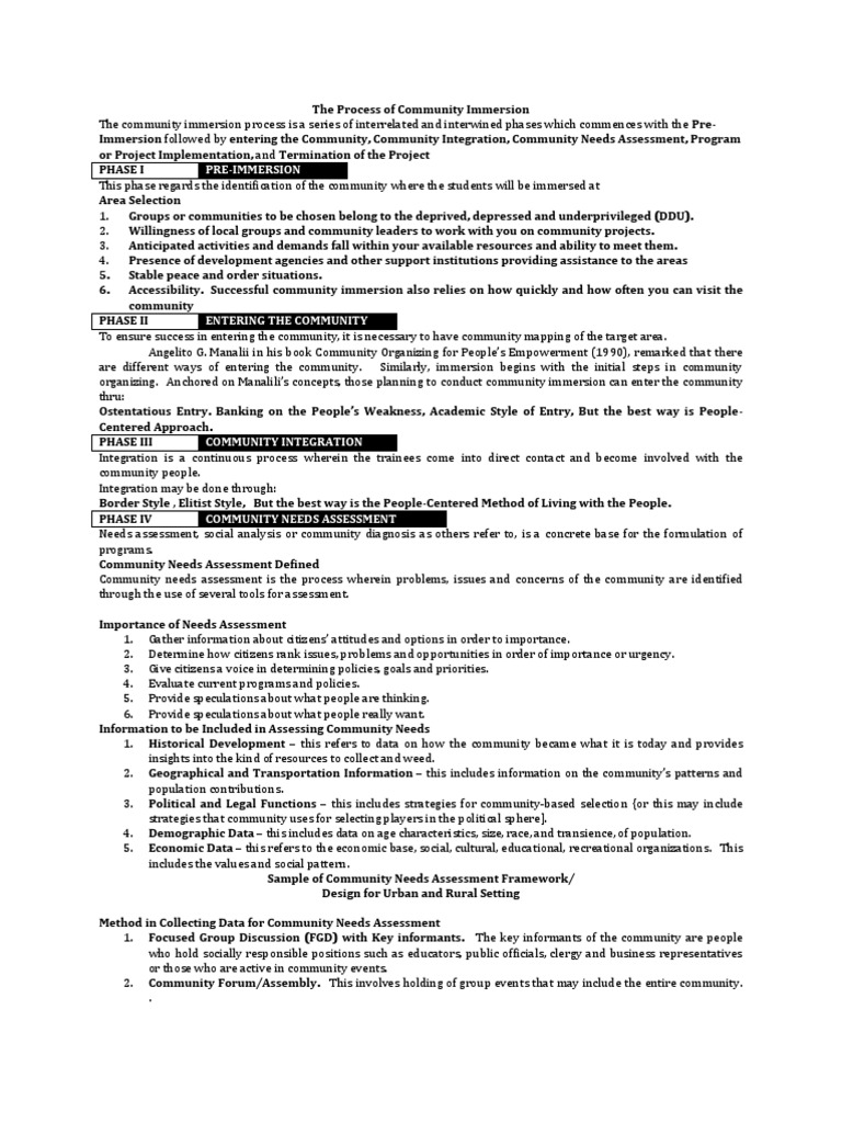 The Process Of Community Immersion NSTP PDF Needs Assessment