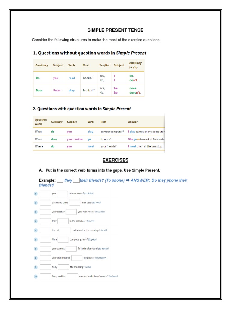 Simple Present Tense Exercises | PDF | Question | Human Communication