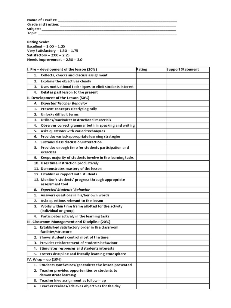 Teacher Evaluation Rubric Template | PDF