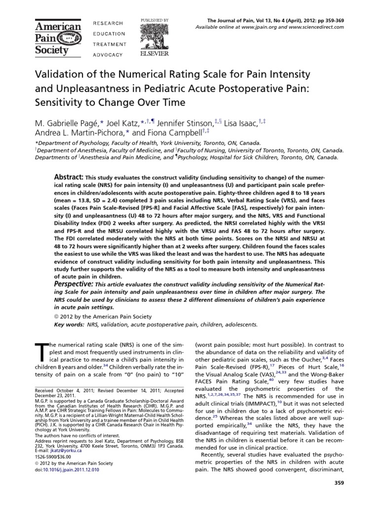 Validation of the numerical rating scale for pain intensity and
