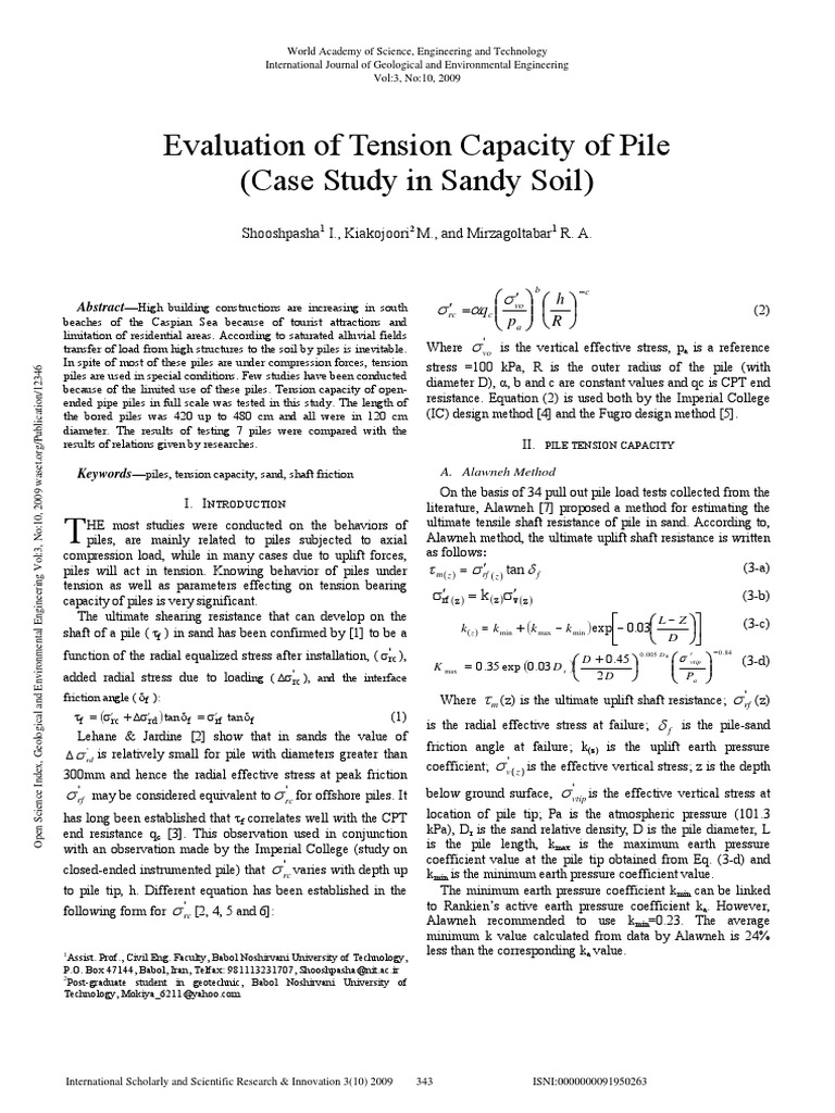 Evaluation of Tension Capacity of Pile Case Study in Sandy Soil | PDF ...