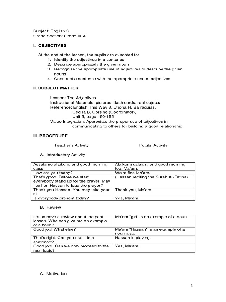 Grade 3 Adjective Lesson Plan | PDF | Adjective | Noun