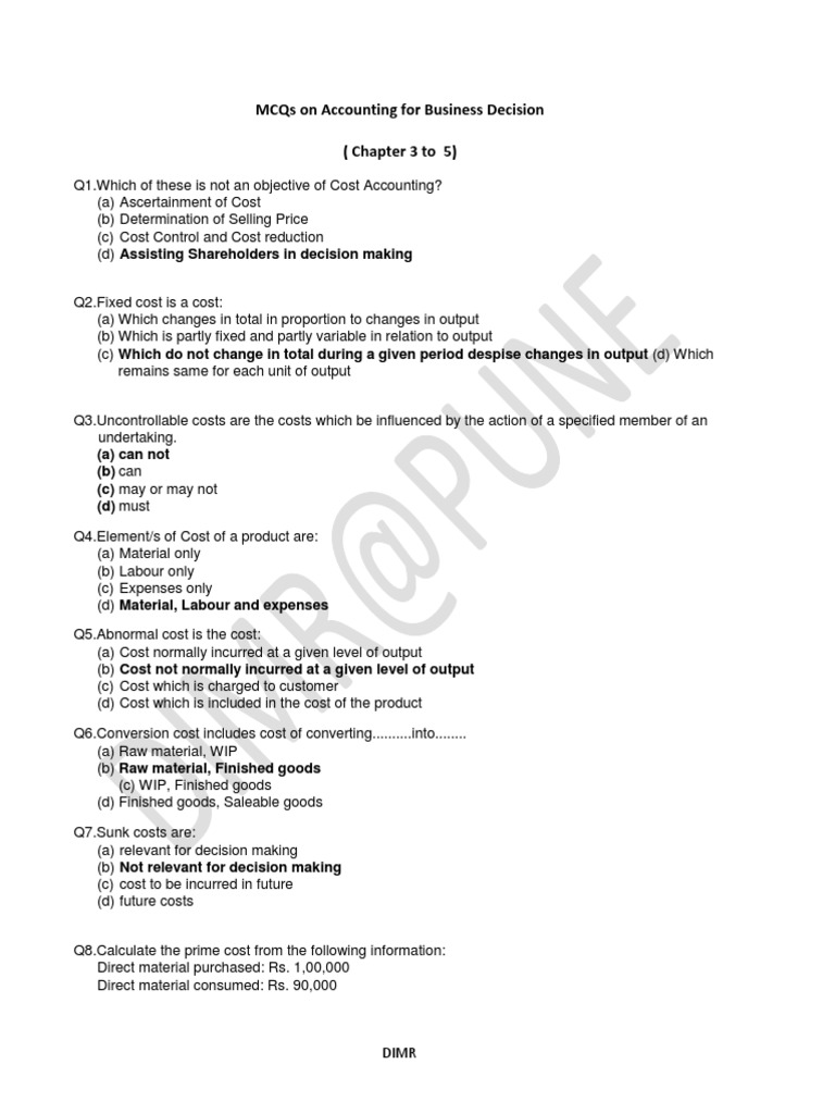 Mcqs On Accounting For Business Decision (Chapter 3 To 5) (A) Can Not