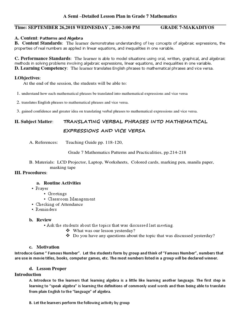 Grade 7 Algebra Lesson Plan: Expressions | PDF | Teaching Mathematics ...