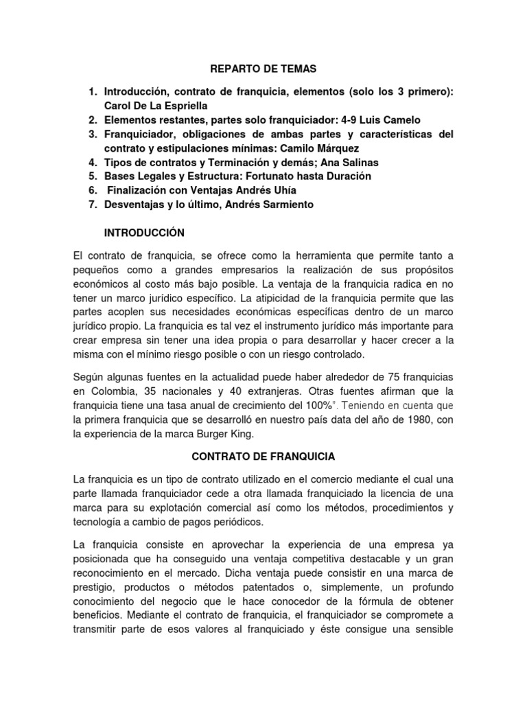 Contrato De Franquicia Docx Franquiciamiento Marca