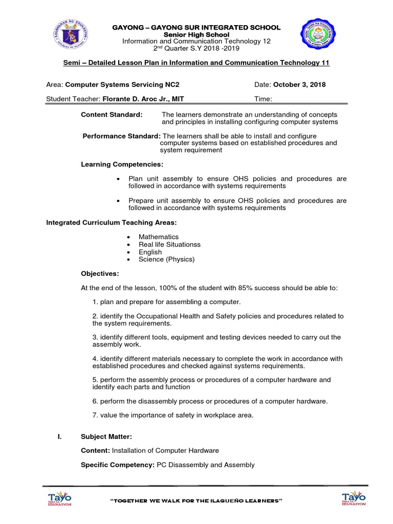 Semin Detailed Lesson Plan In Css 11 Assembly And Disassembly Pdf