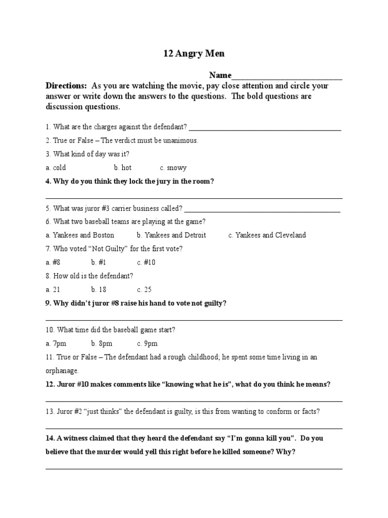 12 Angry Men Movie Questions Pdf Witness Criminal Law