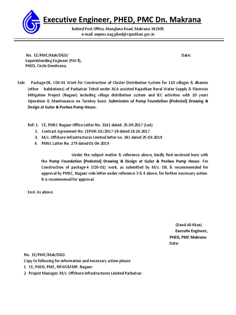 Submission of Pump Foundation Drawings and Designs for Approval for Construction of Cluster
