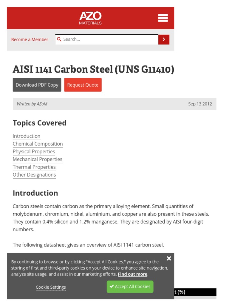 Aisi 1141 Carbon Steel (Uns g11410) | PDF | Steel | Metals