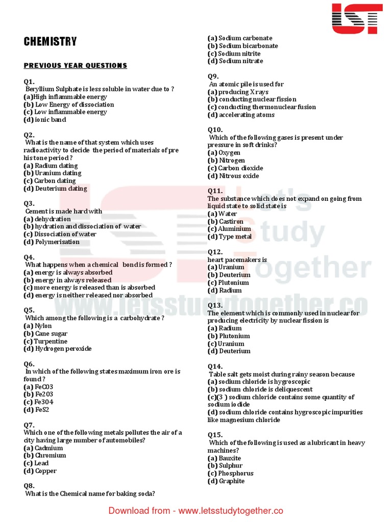 Chemistry Exam Questions & Answers PDF | PDF | Carbon | Chlorine