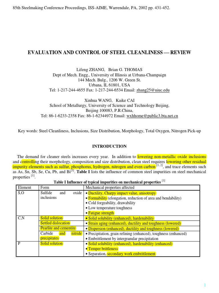 Evaluation and Control of Steel Cleanliness Review PDF Steel
