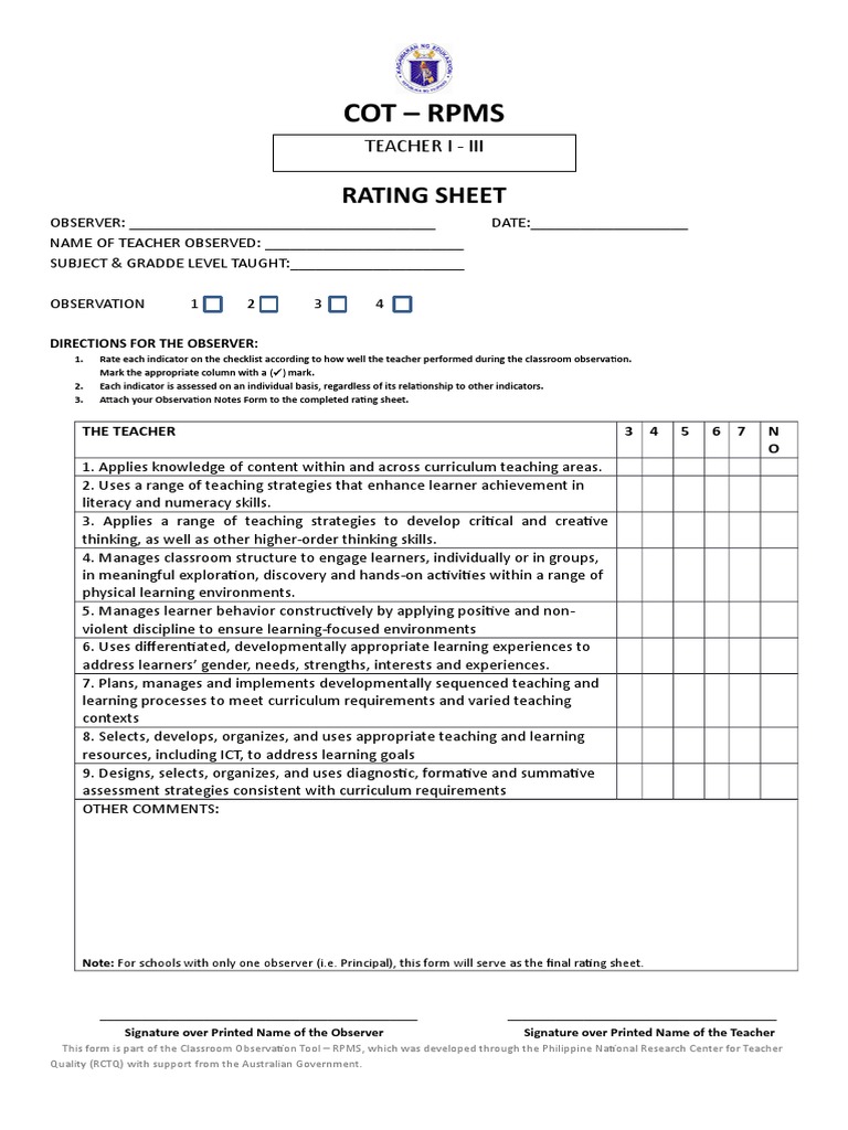 Cot rpms rating sheet observation notes form and inter observer 1722