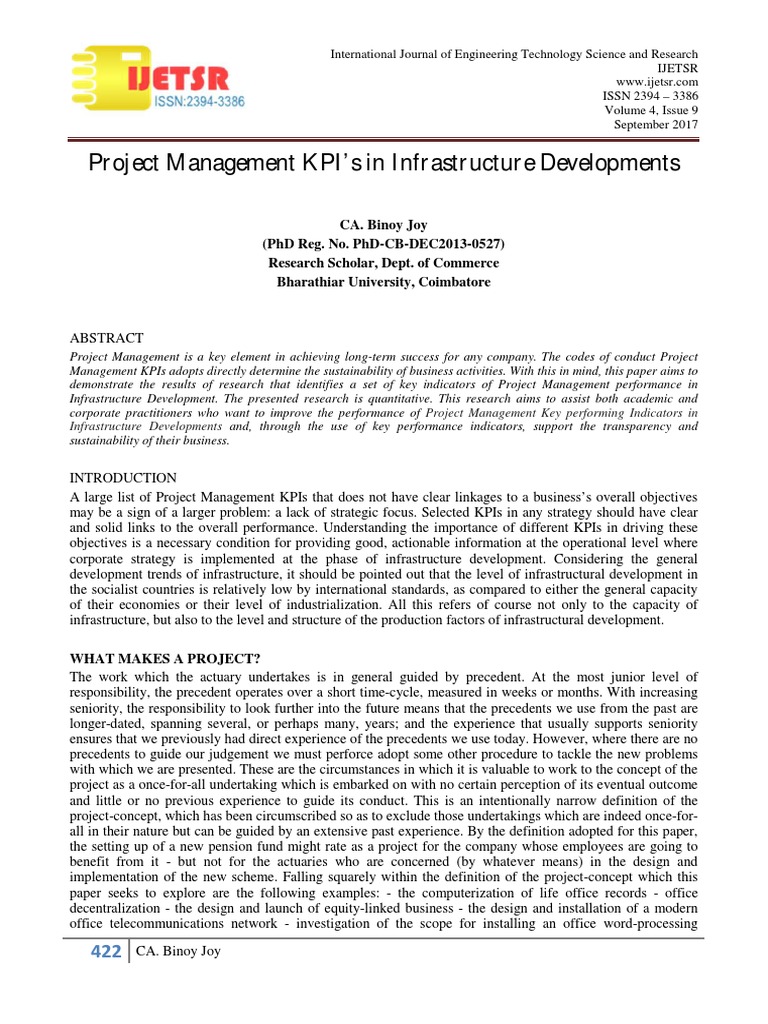 Project Management KPI's in Infrastructure Developments | PDF ...