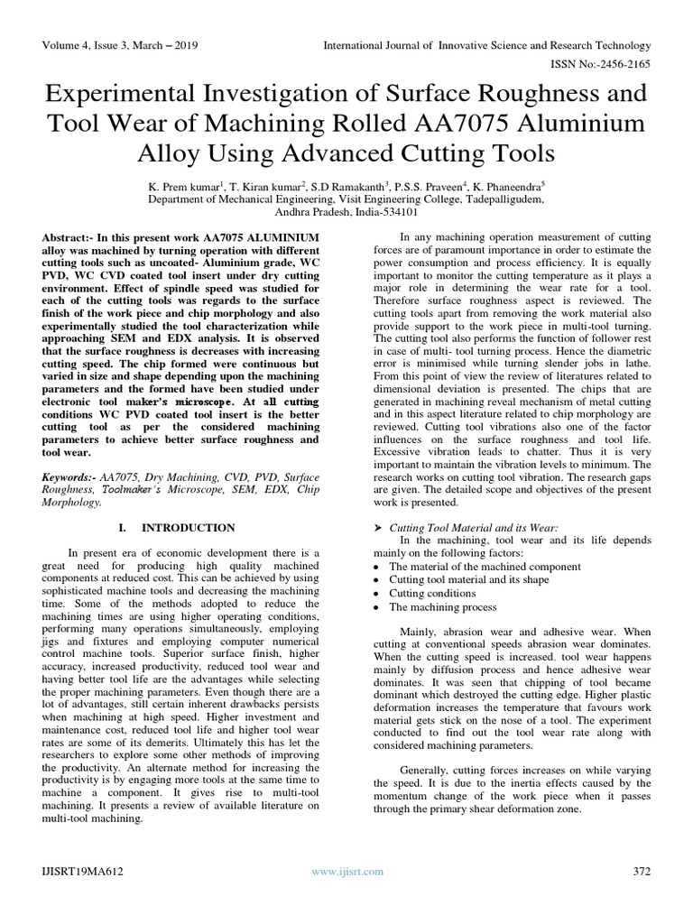 Experimental Investigation of Surface Roughness and Tool Wear of