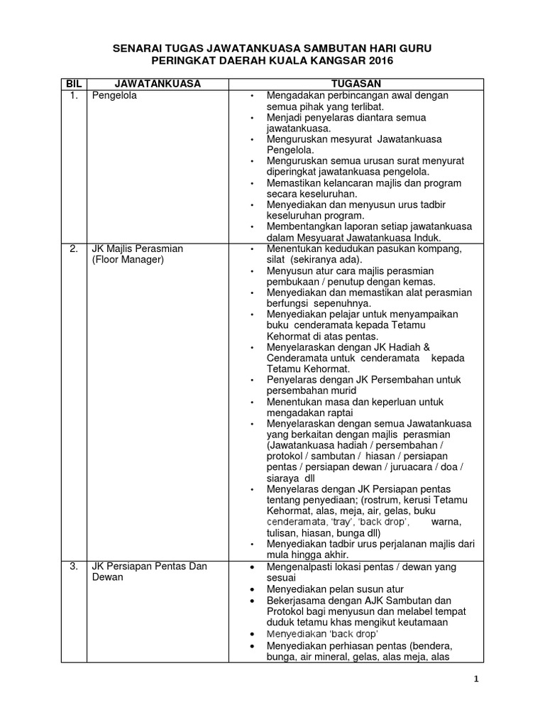 Senarai Tugas Jawatankuasa Sambutan Hari Guru 2016 Pdf