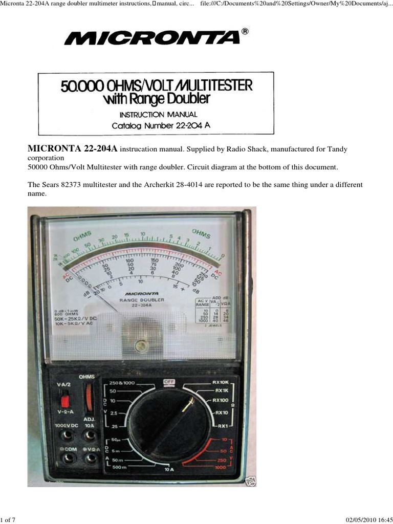 Micronta 22204A Range Doubler Multimeter Instructions PDF Volt