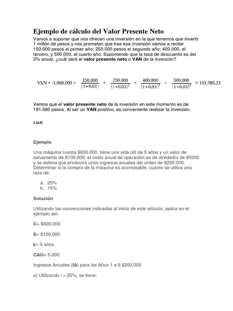 Cálculo del Valor Presente Neto en Inversiones | PDF | Valor presente ...