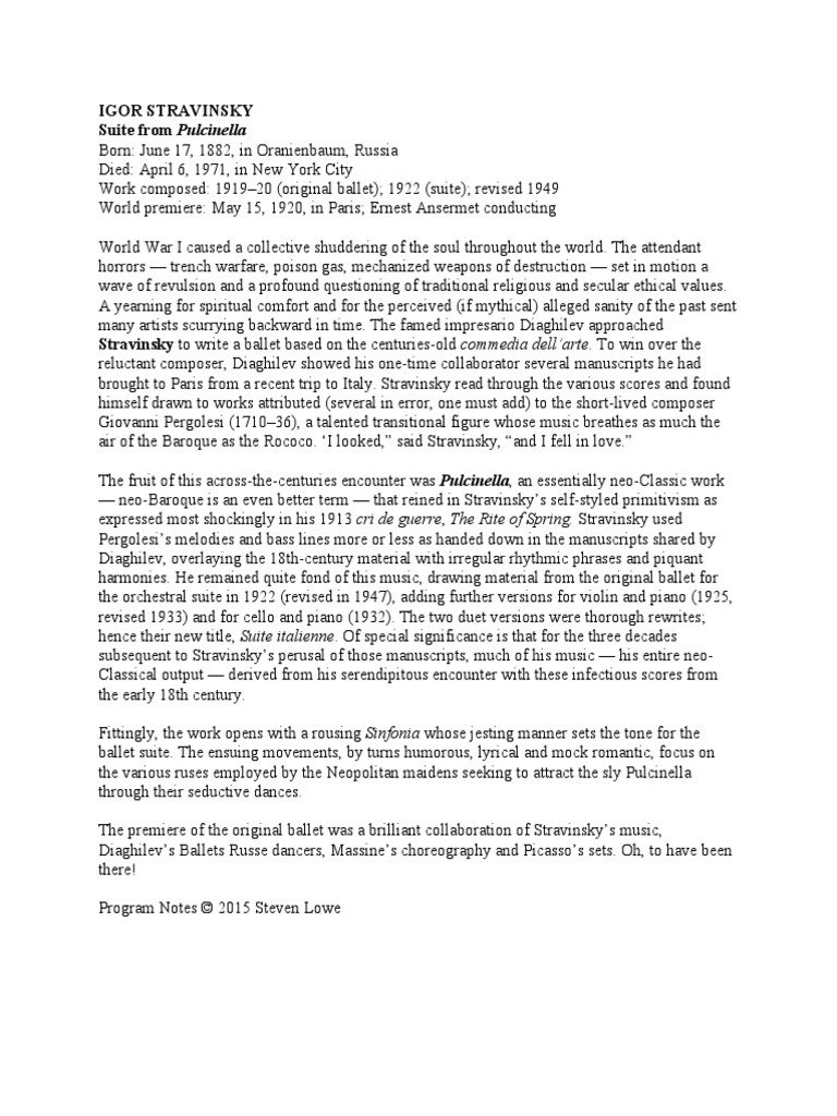 Igor Stravinsky Suite From Pulcinella | PDF | Classical Music | Ballet