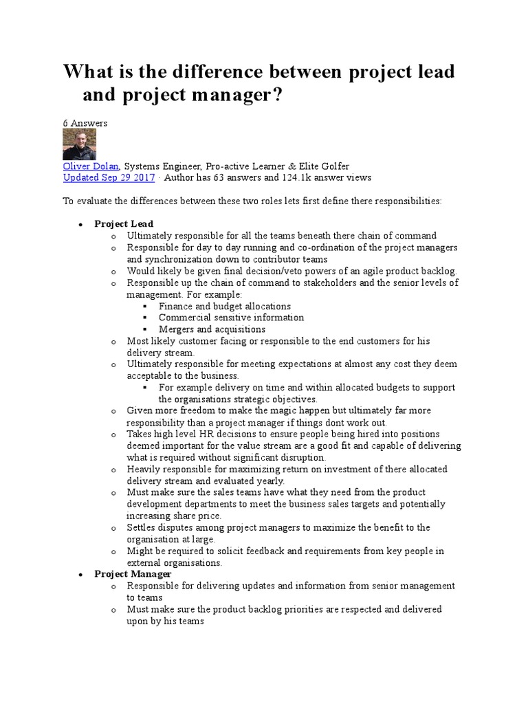 What Is The Difference Between Project Lead and Project Manager | PDF ...