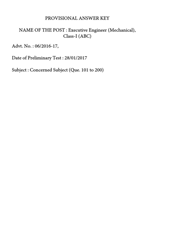 Provisional Answer Key for Executive Engineer Exam | PDF | Stress ...