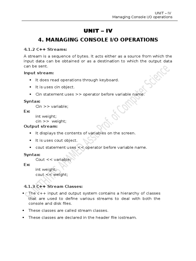 Managing Console I/O Operations: Unit - Iv | PDF | C++ | Parameter ...