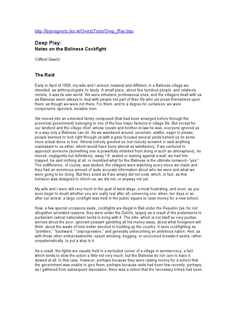 Geertz - Deep Play - Notes On The Balinese Cockfight | PDF | Bali ...